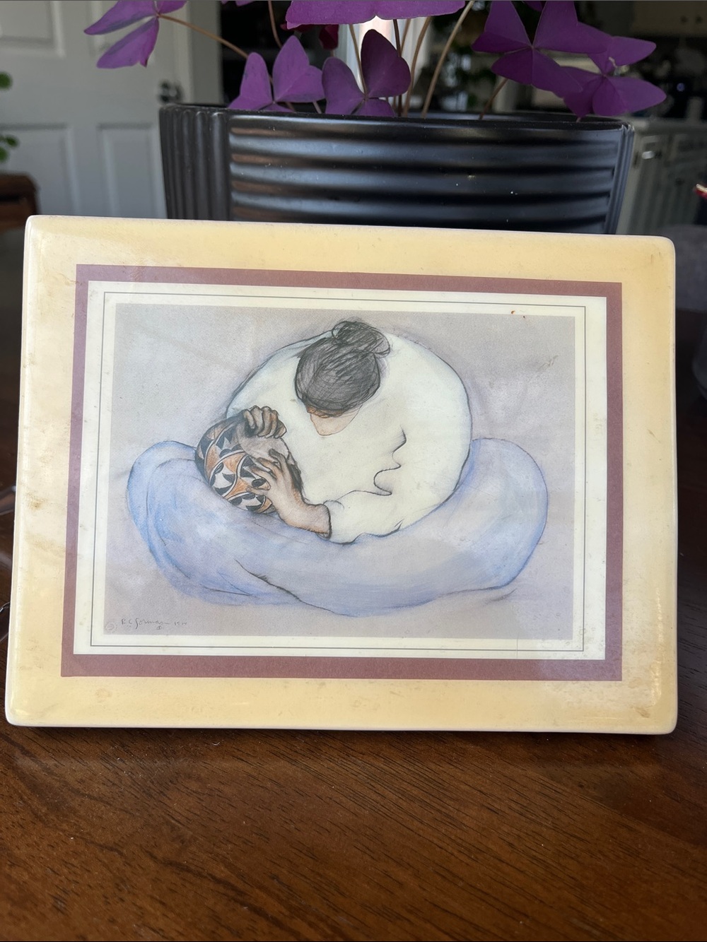 Handcrafted Mother & Child Art Print Plaque in Cream and Blue